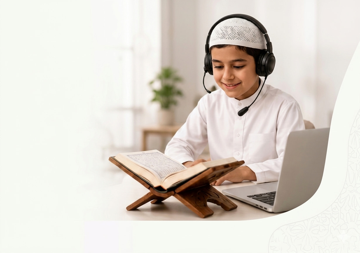 Student learning Quran online with headphones
